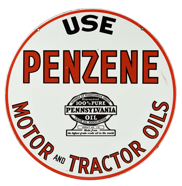 VERY RARE USE PENZENE MOTOR & TRACTOR OILS PORCELAIN CURB SIGN.