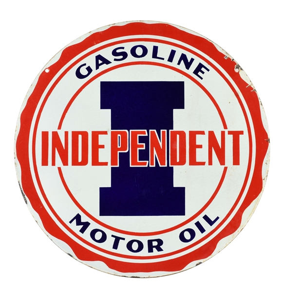 INDEPENDENT GASOLINE & MOTOR OIL PORCELAIN CURB SIGN.