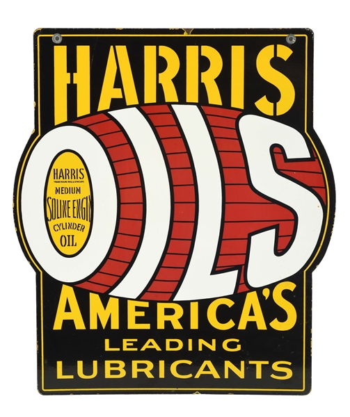 OUTSTANDING HARRIS MOTOR OILS DIE CUT PORCELAIN SIGN WITH OIL DRUM GRAPHIC.