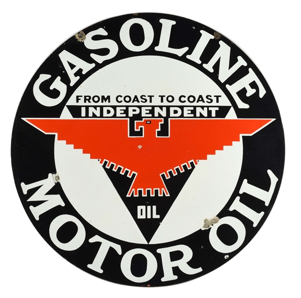 INDEPENDENT GASOLINE & MOTOR OIL PORCELAIN CURB SIGN WITH THUNDERBIRD GRAPHIC.