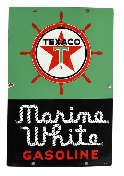 TEXACO MARINE WHITE GASOLINE PORCELAIN PUMP SIGN.