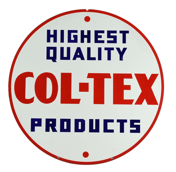 COL TEX GASOLINE HIGHEST QUALITY PRODUCTS PORCELAIN CURB SIGN.