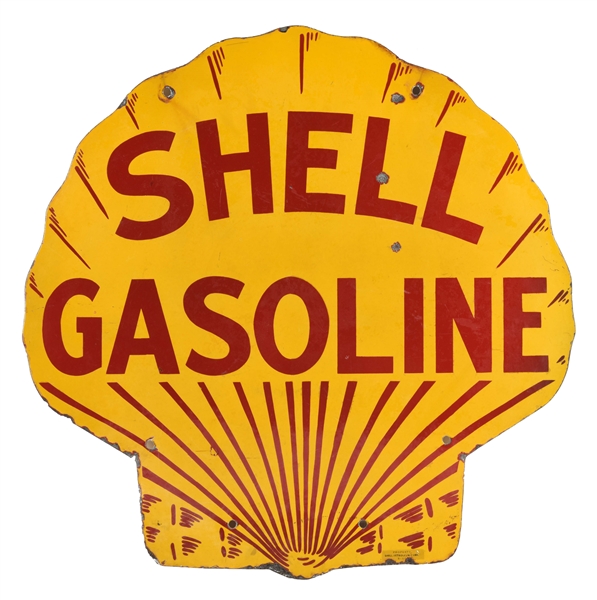 SHELL GASOLINE PORCELAIN CLAMSHELL SHAPED CURB SIGN.