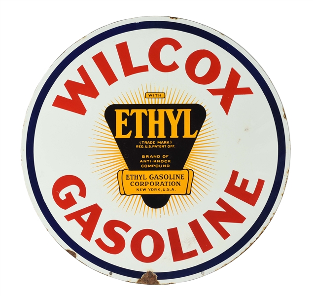 WILCOX GASOLINE PORCELAIN CURB SIGN WITH ETHYL BURST GRAPHIC.