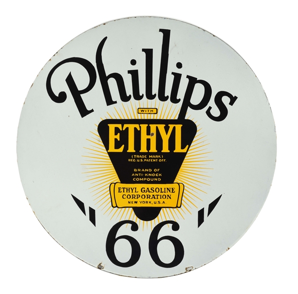 PHILLIPS 66 ETHYL GASOLINE PORCELAIN CURB SIGN WITH ETHYL BURST GRAPHIC.