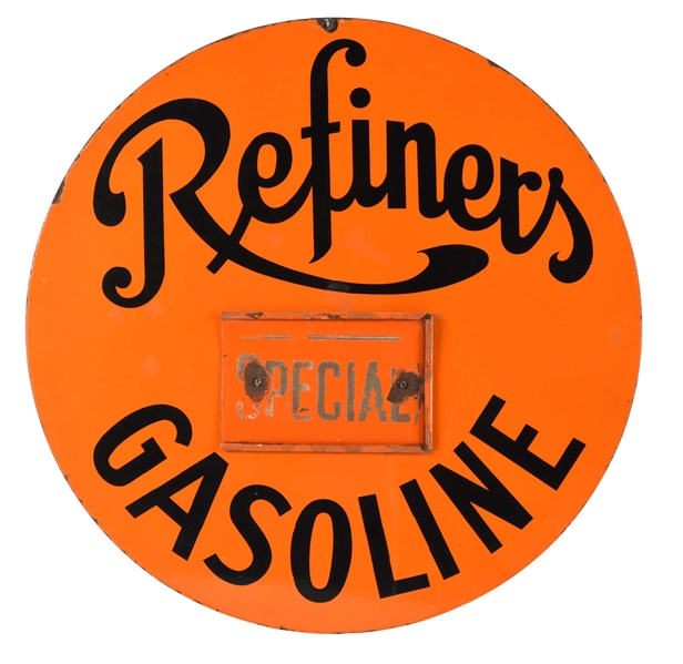 RARE REFINERS GASOLINE PORCELAIN CURB SIGN WITH ATTACHED PORCELAIN PRICER BOX.