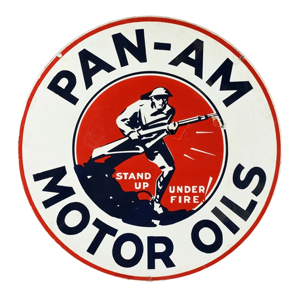 RARE PAN AM GASOLINE & MOTOR OIL PORCELAIN CURB SIGN WITH DOUGHBOY SOLDIER GRAPHIC.