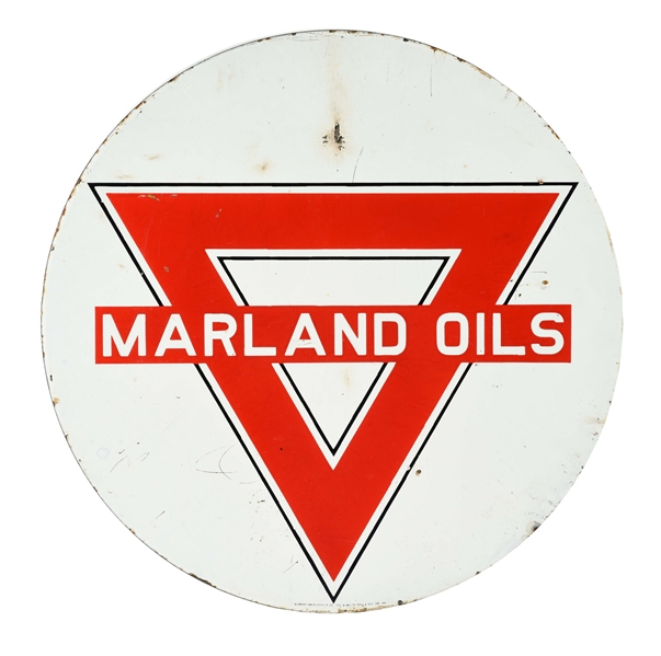 MARLAND MOTOR OILS PORCELAIN CURB SIGN WITH CONOCO TRIANGLE GRAPHIC.