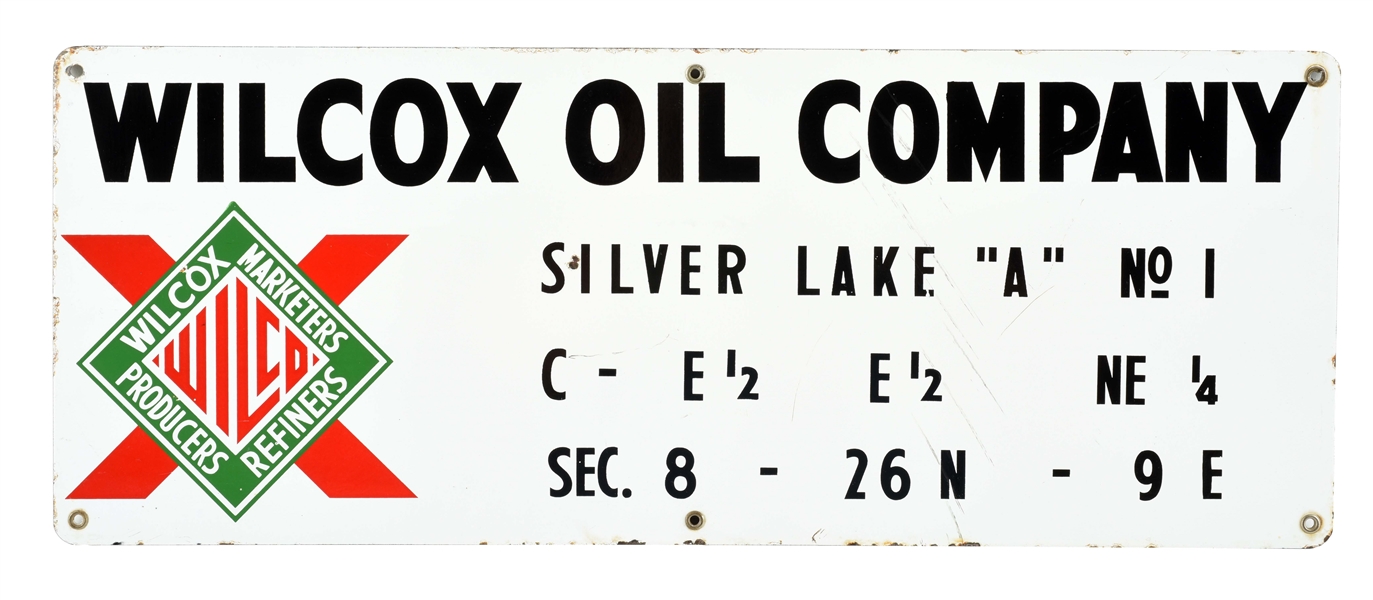 WILCOX GAS & OIL COMPANY PORCELAIN WELL SIGN WITH WILCOX GRAPHIC.