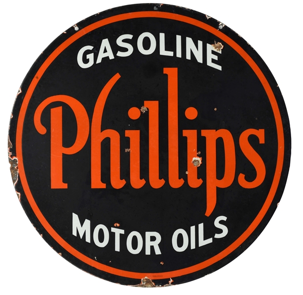 RARE PHILLIPS 66 GASOLINE & MOTOR OIL PORCELAIN CURB SIGN. 