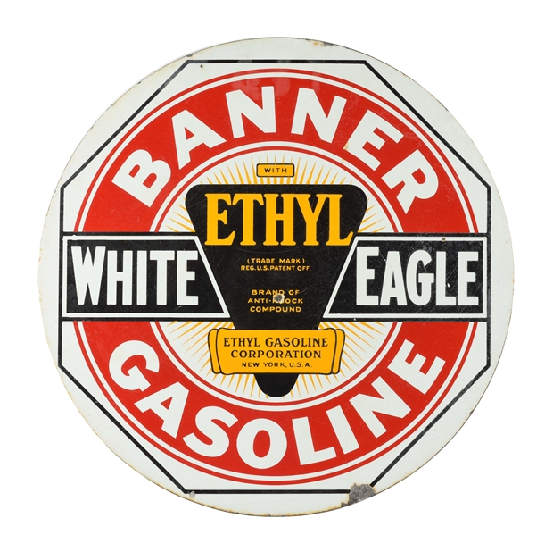 WHITE EAGLE BANNER GASOLINE PORCELAIN SIGN WITH ETHYL BURST LOGO. 