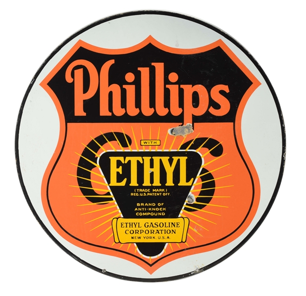 RARE PHILLIPS 66 ETHYL GASOLINE WITH SHIELD GRAPHIC PORCELAIN CURB SIGN.