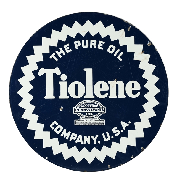 PURE OIL COMPANY TIOLENE MOTOR OIL PORCELAIN CURB SIGN WITH SAWTOOTH GRAPHIC. 