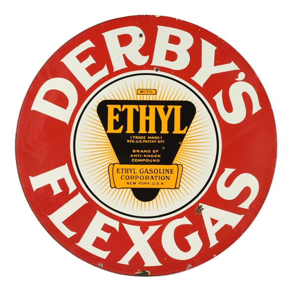 DERBY GASOLINE DERBYS FLEXGAS PORCELAIN CURB SIGN WITH ETHYL BURST GRAPHIC.