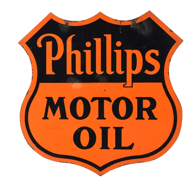 RARE PHILLIPS 66 MOTOR OIL PORCELAIN SHIELD SIGN.