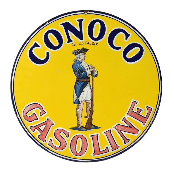 CONOCO MINUTEMAN GASOLINE WITH MINUTEMAN GRAPHIC PORCELAIN CURB SIGN.