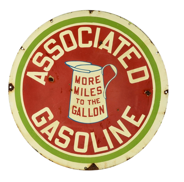 ASSOCIATED GASOLINE MORE MILES TO THE GALLON PORCELAIN CURB SIGN.