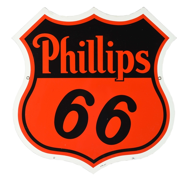 NEW OLD STOCK PHILLIPS 66 GASOLINE PORCELAIN SHIELD CURB SIGN WITH WHITE BORDER.