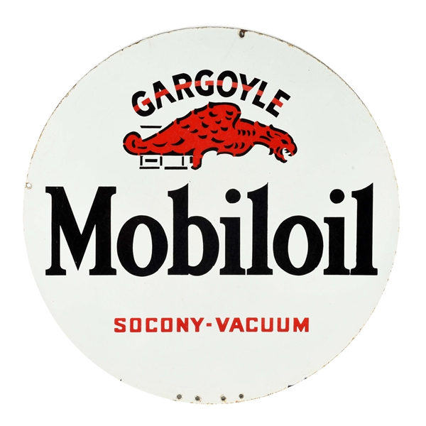 MOBILOIL GARGOYLE PORCELAIN CURB SIGN WITH MOBIL GARGOYLE GRAPHIC.