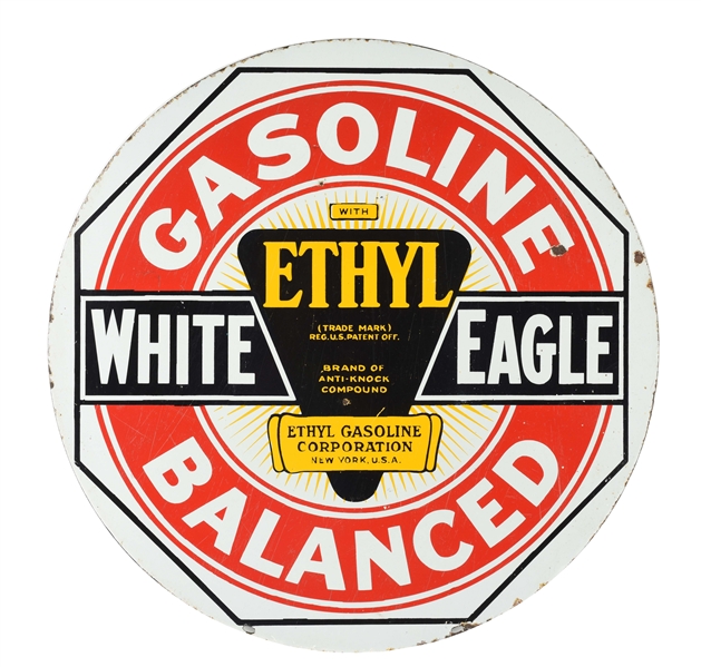 WHITE EAGLE BALANCED GASOLINE PORCELAIN SIGN WITH ETHYL BURST GRAPHIC. 