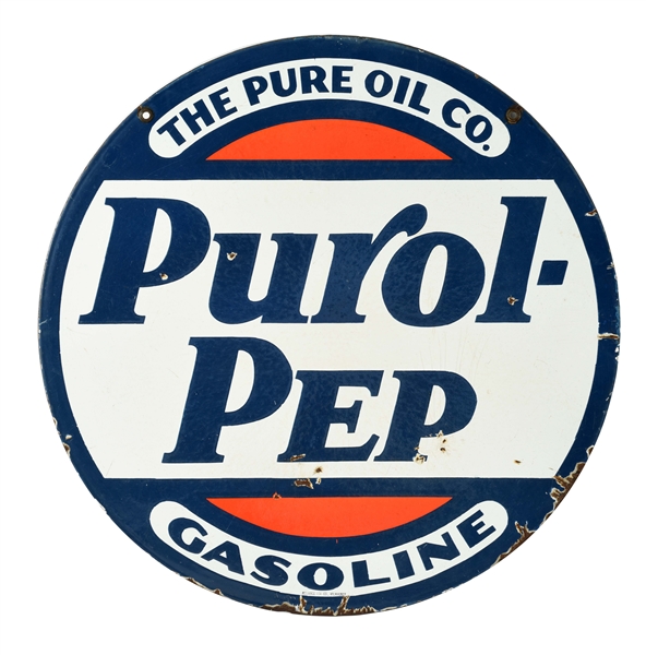 PURE OIL CO. PUROL PEP GASOLINE PORCELAIN CURB SIGN. 