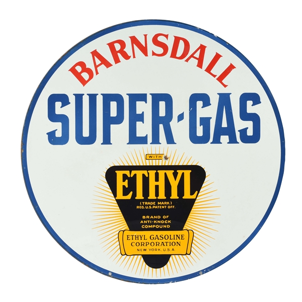BARNSDALL SUPER GAS PORCELAIN CURB SIGN WITH ETHYL BURST GRAPHIC.