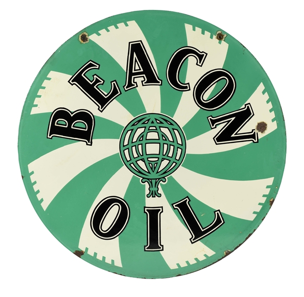 BEACON MOTOR OIL PORCELAIN CURB SIGN WITH PINWHEEL GRAPHIC.