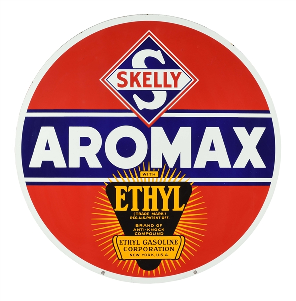 NEW OLD STOCK SKELLY AROMAX ETHYL GASOLINE PORCELAIN CURB SIGN. 