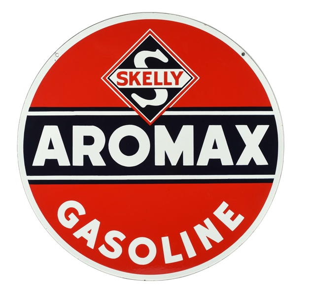 OUTSTANDING NEW OLD STOCK SKELLY AROMAX GASOLINE PORCELAIN CURB SIGN.