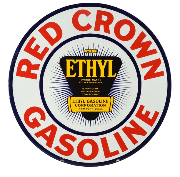 RED CROWN ETHYL GASOLINE PORCELAIN CURB SIGN WITH ETHYL BURST GRAPHIC.