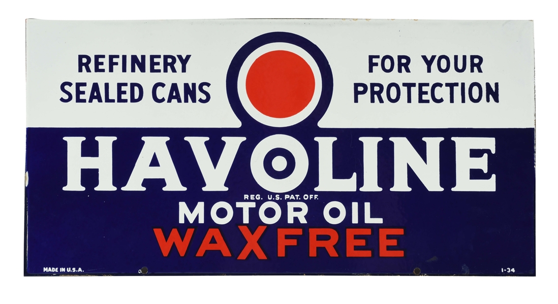 HAVOLINE WAX FREE MOTOR OIL PORCELAIN OIL RACK SIGN.