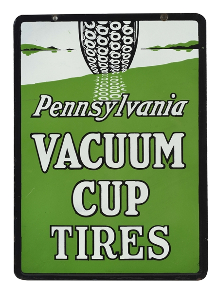 OUTSTANDING PENNSYLVANIA VACUUM CUP TIRES PORCELAIN SIGN WITH TIRE GRAPHIC.