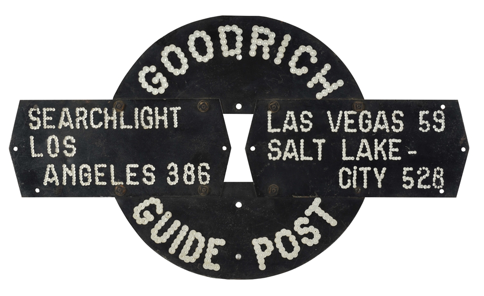 RARE GOODRICH TIRES GUIDE POST METAL HIGHWAY DIRECTIONAL ROAD SIGN.
