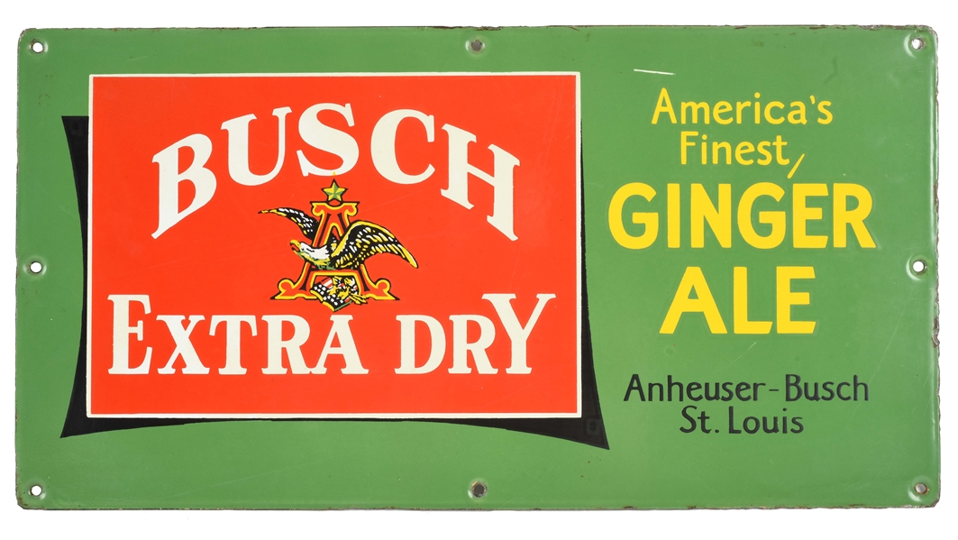 ANHEUSER BUSCH EXTRA DRY GINGER ALE PORCELAIN SIGN WITH BUDWEISER CREST GRAPHIC.