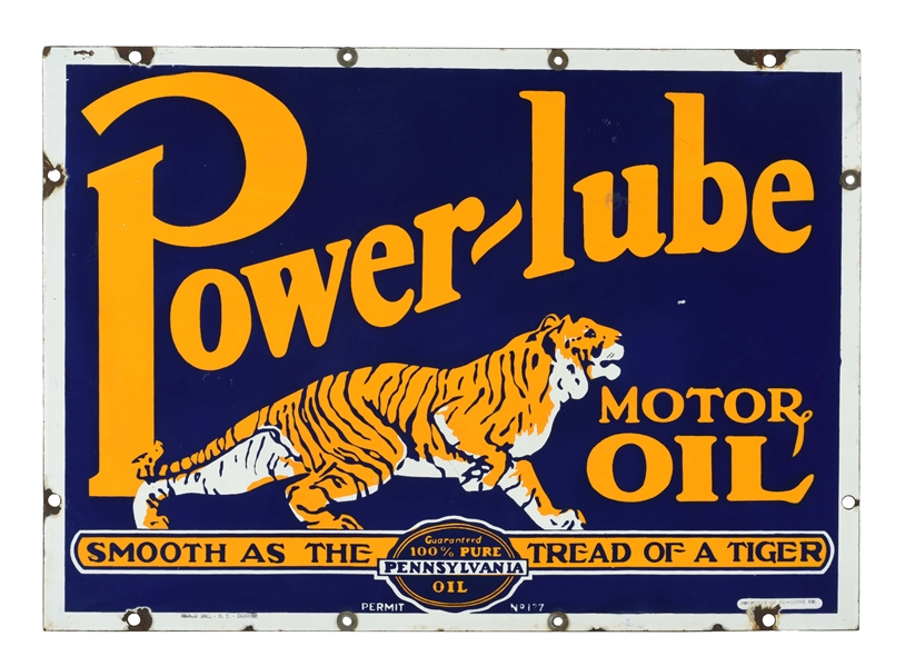 POWERLUBE MOTOR OIL PORCELAIN CURB SIGN WITH TIGER GRAPHIC.