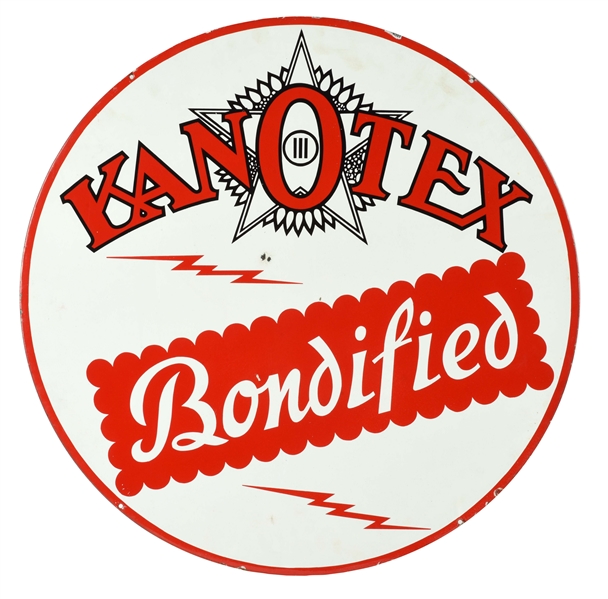 RARE KANOTEX BONDIFIED GASOLINE PORCELAIN CURB SIGN WITH LIGHTNING BOLT & FLOWER GRAPHIC.