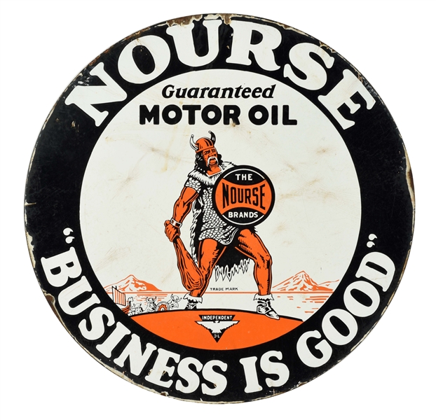 RARE NOURSE GUARANTEED MOTOR OIL PORCELAIN CURB SIGN WITH VIKING GRAPHIC.
