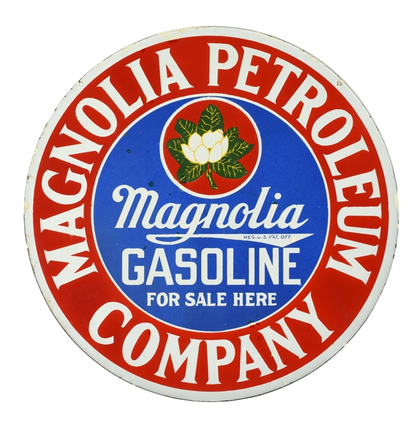 MAGNOLIA GASOLINE FOR SALE HERE PORCELAIN CURB SIGN WITH FLOWER GRAPHIC. 