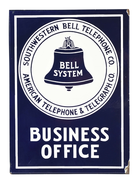 BELL SYSTEM TELEPHONE & TELEGRAPH BUSINESS OFFICE PORCELAIN FLANGE SIGN.