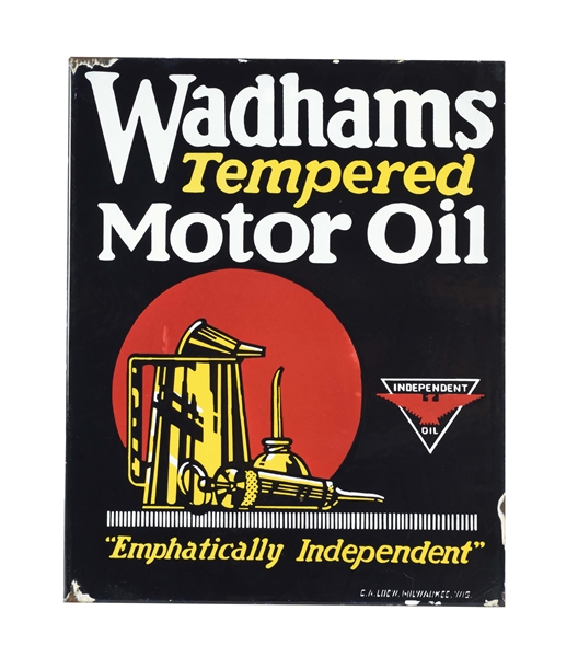 WADHAMS TEMPERED MOTOR OIL PORCELAIN FLANGE SIGN WITH INDEPENDENT LOGO & OIL CAN GRAPHICS.