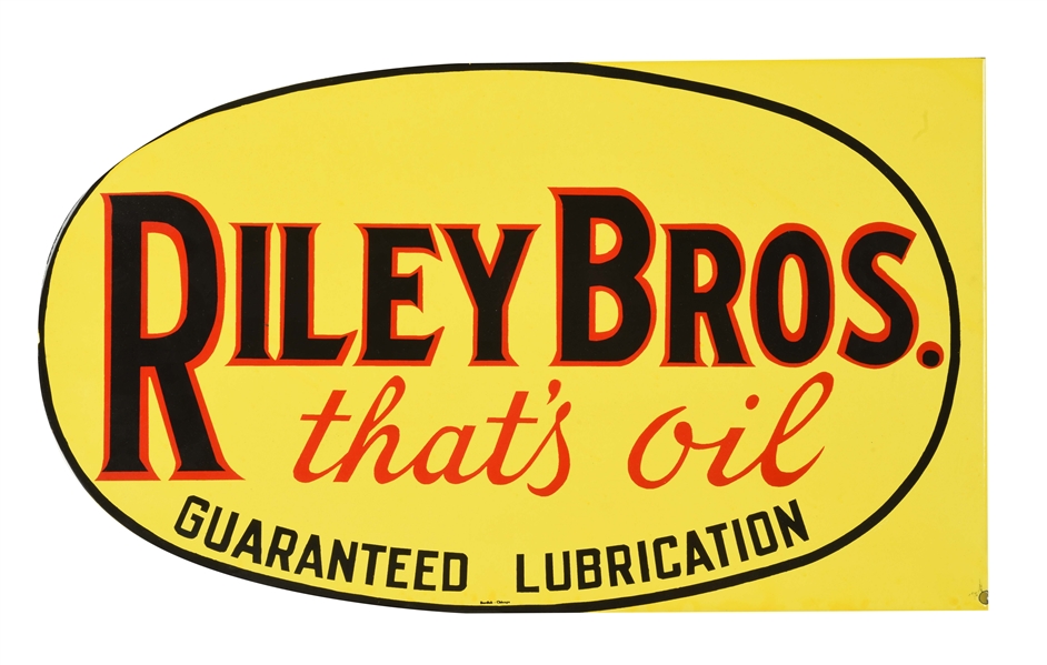 NEW OLD STOCK RILEY BROTHERS MOTOR OIL PORCELAIN FLANGE SIGN.