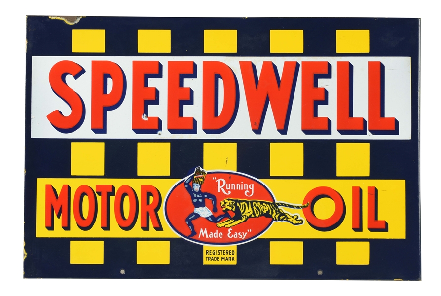 RARE SPEEDWELL MOTOR OIL PORCELAIN FLANGE SIGN WITH TIGER & RUNNING MAN GRAPHIC.