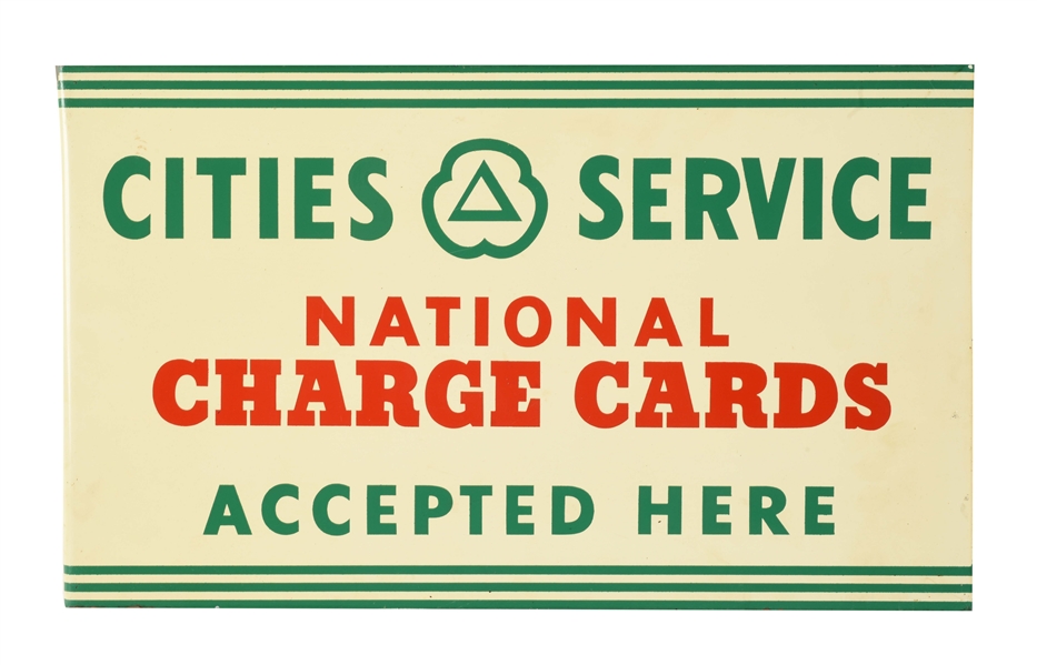 NEW OLD STOCK CITIES SERVICE GASOLINE CHARGE CARDS ACCEPTED HERE TIN FLANGE SIGN.