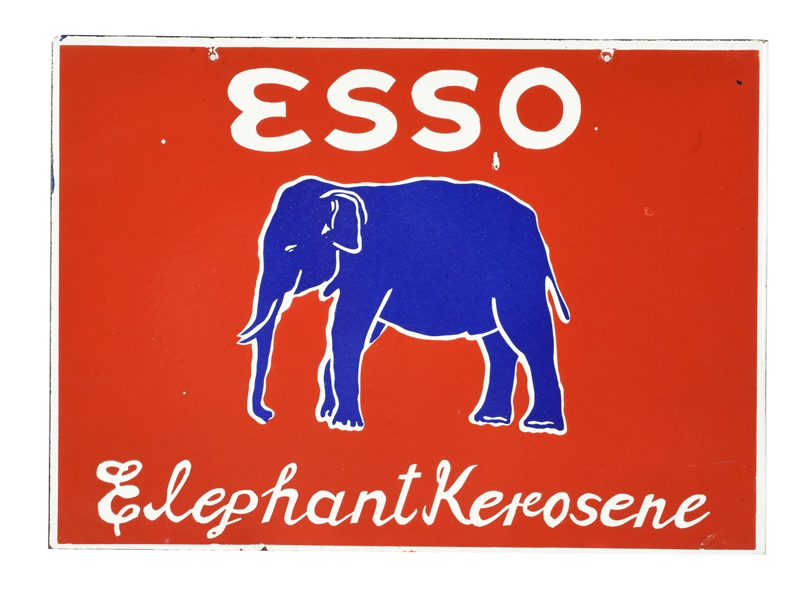 ESSO ELEPHANT KEROSENE PORCELAIN FLANGE SIGN WITH ELEPHANT GRAPHIC.