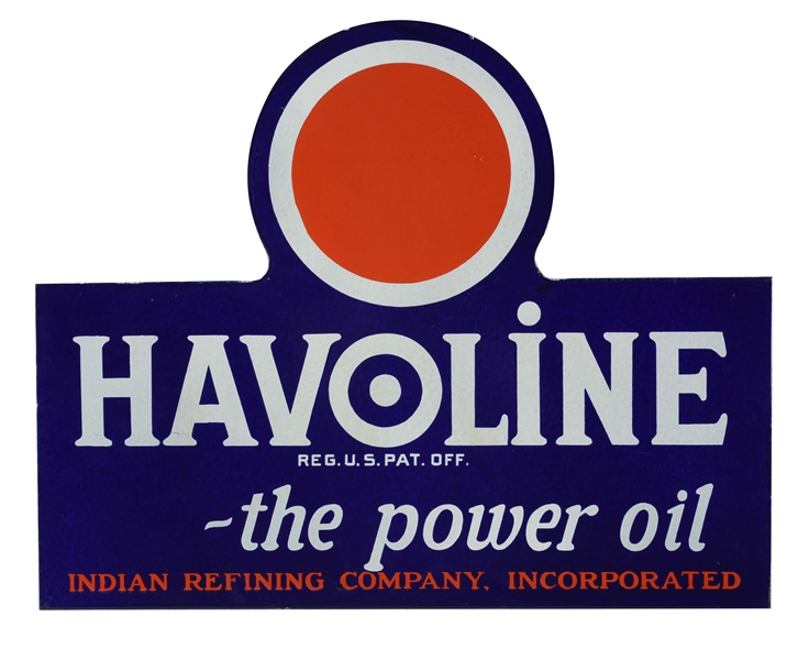 NEW OLD STOCK HAVOLINE POWER OIL DIE-CUT PORCELAIN FLANGE SIGN WITH BULLSEYE GRAPHIC.