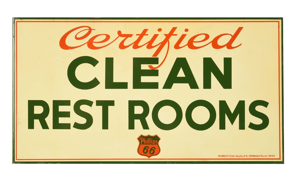 PHILLIPS 66 GASOLINE CERTIFIED CLEAN REST ROOMS TIN FLANGE SIGN WITH SHIELD GRAPHIC. 
