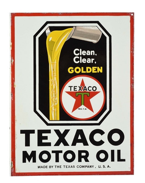 TEXACO CLEAN CLAR & GOLDEN MOTOR OIL WITH POURING CAN GRAPHIC PORCELAIN FLANGE SIGN.