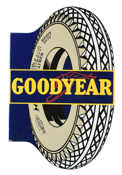 INCREDIBLE GOODYEAR TIRES DIE-CUT PORCELAIN FLANGE SIGN WITH TIRE GRAPHIC.
