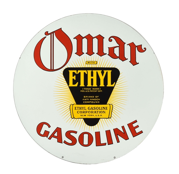 NEW OLD STOCK OMAR GASOLINE PORCELAIN CURB SIGN WITH ETHYL BURST GRAPHIC.