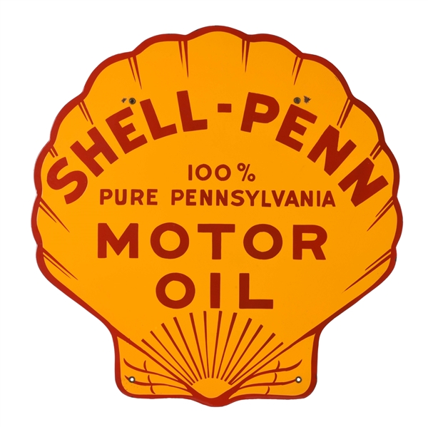 INCREDIBLE SHELL PENN MOTOR OIL DIE-CUT PORCELAIN SIGN.